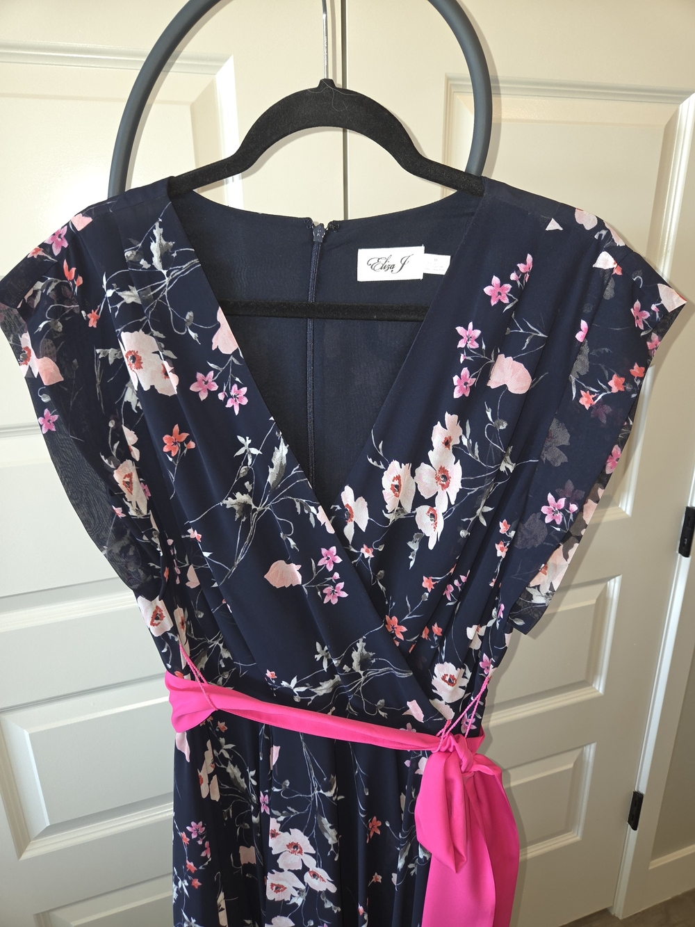 Eliza J Navy Floral Midi Dress with Hot Pink Sash
